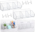 Suzile 2 Pcs Metal Garage Baskets Set with 4 Pegboard Hooks - Wall Mount Storage for Workbench, Bathroom Accessories - 3 Grid (White) by Suzile