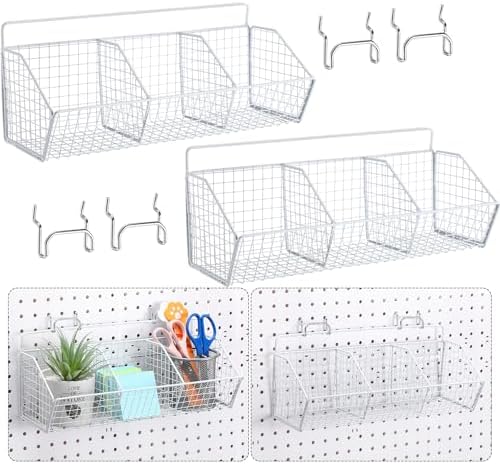 Suzile 2 Pcs Metal Garage Baskets Set with 4 Pegboard Hooks - Wall Mount Storage for Workbench, Bathroom Accessories - 3 Grid (White) by Suzile