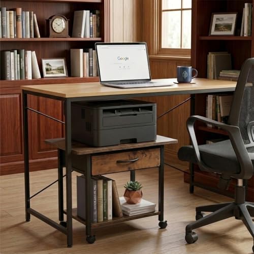 22" x 15" Under Desk Rolling Printer Stand, 2-Tier Industrial Mobile Printer Table with Strong Fabric Drawer,Storage Shelf, Steel Frame and Lockable Wheels, Printer Cart for Home Office (Rustic Brown) - Image 6
