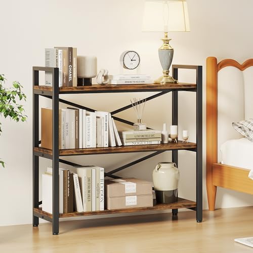 3 Tier Bookshelf 31.49" Width, Wood and Metal Etagere Bookcase, Vintage Farmhouse Modern Wooden Big Book Shelf for Home Living Room Bedroom Office Storage(Rustic Brown) - Image 4