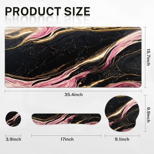 Britimes Keyboard Mouse Pad Set, 4 in 1 Desk Mat Set, Pink Black Marble - Image 2