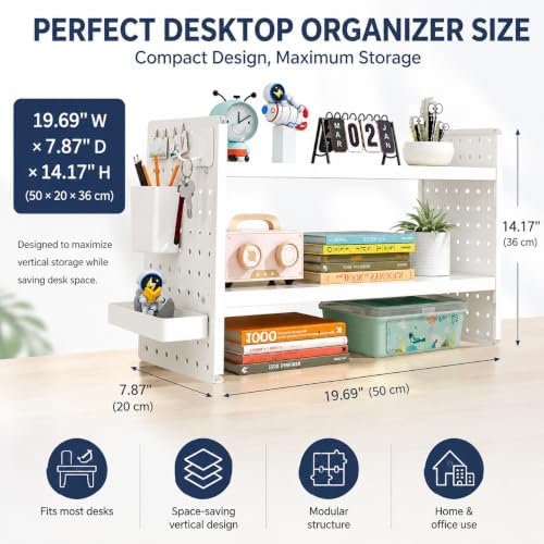 White 2-Tier Metal Desk Organizer with Pegboard & 6 Accessories, 20" × 15" × 8" Adjustable Desktop Storage Shelf for Office, Study & Student Desk - Image 2