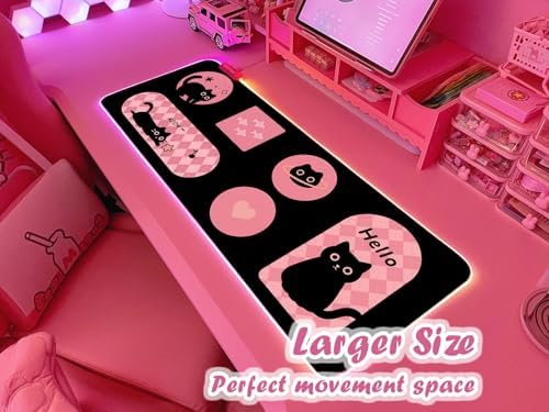 JMIYAV Pink RGB Gaming Mouse Pad 31.5x12 Inch PC XL Large Extended Glowing Led Light Up Desk Pad Non-Slip Rubber Base Computer Cute Mousepad Mat Desk Accessories Gaming Setup Hello Cat - Image 2