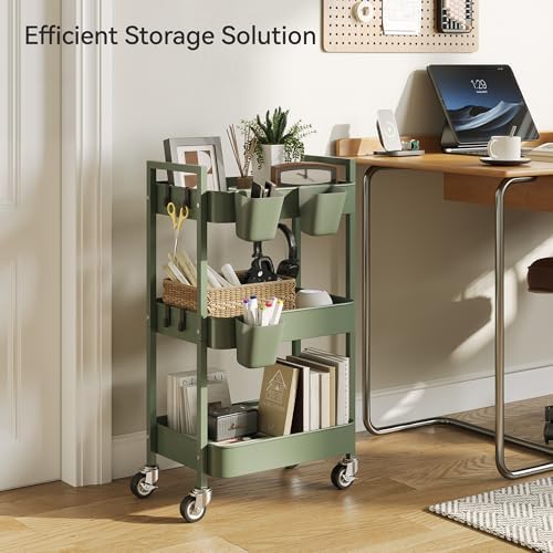 Nunsino 3 Tier Rolling Cart,Utility Cart with Locking Wheels, Hanging Cups,&Hooks, Heavy Duty Metal Storage Organizer Cart for Kitchen,Office, Bathroom,Craft Room,Green - Image 3