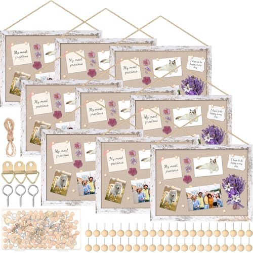 Teling 9 Pack Wood Bulletin Boards with Linen 12''x 16'' Cork Board for Walls with 90 Pushpin Decorative Wood Framed Display for School Office Home Decor (Netural White) by Teling