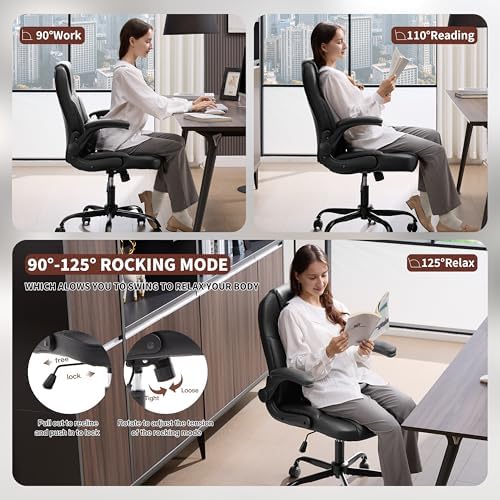 Leather Office Chair Swivel Lumbar Support for Short People Black - Image 5