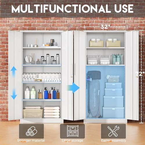 Greenvelly White Metal Storage Cabinet, 72" Steel Locking Cabinet with Doors and 4 Adjustable Shelves, Tall Tool Cabinets Lockable File Cabinet for Home Office, Metal Classroom Cabinet for Garage - Image 4