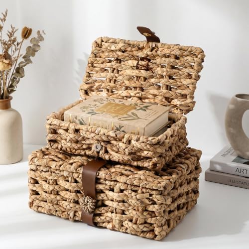 Unittype Set of 2 Wicker Storage Basket with Lid Water Hyacinth Decorative - Image 6