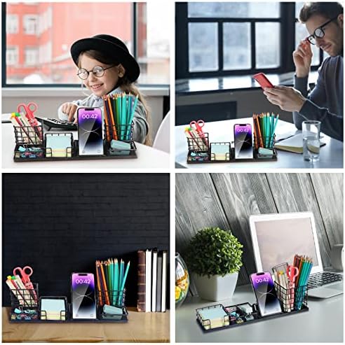 DIY Desk Organizer Office Accessories, Multi-Functional Mesh Desk Organizer with 2 Pen Holder, 2 Paperclip Storage, 1 Phone Holder, 1 Sticky Note Tray and Bottom Tray (Black) - Image 4