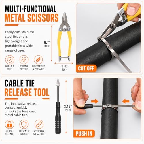 450Pcs Metal Zip Ties Gun Kit, Silver 8/12/16in & Black 8/12in Stainless Steel Zip Ties, Heavy Duty Cable Tie Fastening Cutting Tool Set with Organizer, Gloves, Storage Bag for Fence, Exhaust Wrap - Image 6