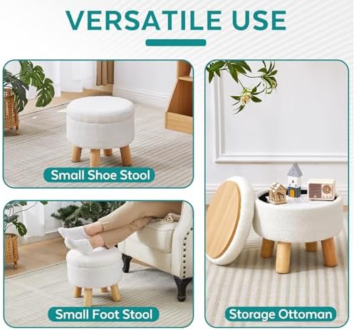 Small Ottoman with Storage, Small Storage Ottoman Round, Sherpa Foot Stool with Legs, Ottomans and Footstools for Living Room and Entryway (White) - Image 6