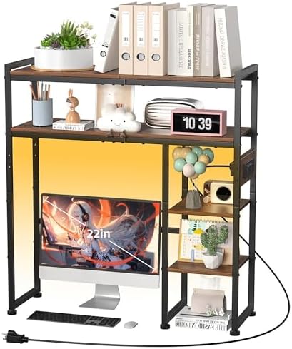 Aetheris Desktop Organizer Shelf, 30" Wooden Office Storage Rack with Outlets, Display Shelf Rack with Light Strip, 5 Tier Desktop Display Rac, Desk Shelf, Desk Hutch for Computer Monitor, Brown by Unknown