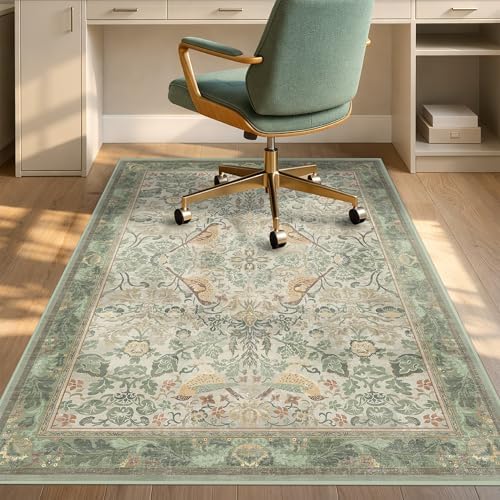 JTJ 4x5 Office Rug for Rolling Chairs, Sage Green Vintage Bird Botanical by JTJ