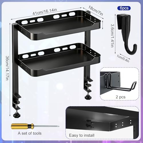 2-Tier Clamp on Desk Shelf, Dual-purpose Desk Organizer (Used on or Under Desk Storage), Desk Shelf Clamp with Hooks and High Load-bearing capacity, Suitable for Office Desk, Gaming Accessories - Image 2