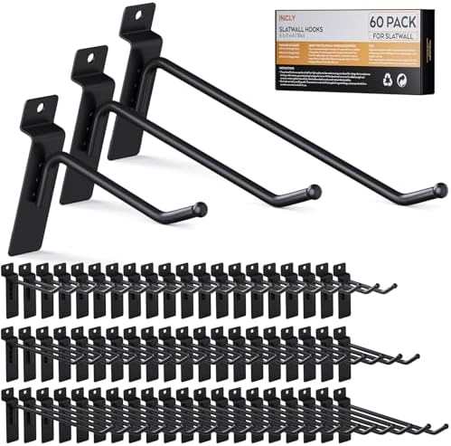 INCLY 60 Pack Slatwall Hooks, 4/6/8 Inch Slat Wall Hanging Hook and Hanger by INCLY