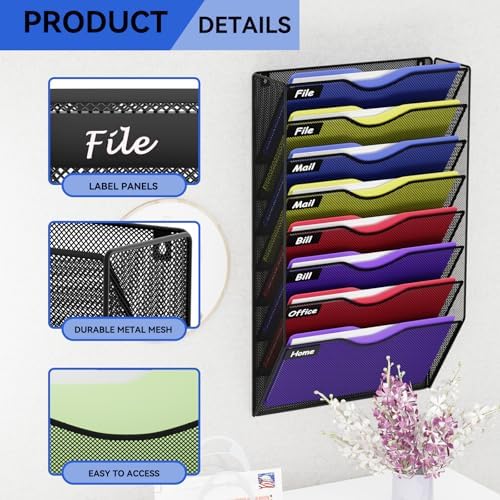 8 Pockets Hanging Wall File Organizer Mail Holder, Wall Mounted Paper Document Folder Holder, Clipboard Storage Organization Magazine Rack, Black - Image 4