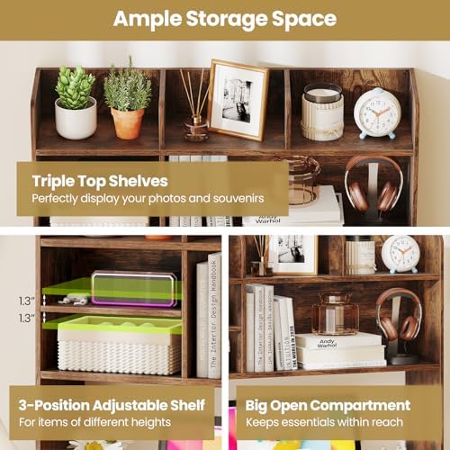 LDAILY 3-Tier Desktop Bookshelf, Wooden Desk Hutch for Computer Monitor Up to 32 Inch, Desk Organizer Shelf with Adjustable Shelf & 6 Storage Shelves, Desk Display Rack for Office Dorm (Rustic Brown) - Image 5