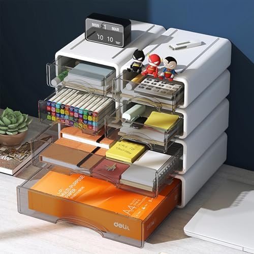Desk Organizer with Drawers, Stackable Storage Drawers with Compartments Desktop Organization for Office Supplies, Makeup, Pencils, Tape, Erasers, Paperclips, Chargers (White 2S2M) - Image 4