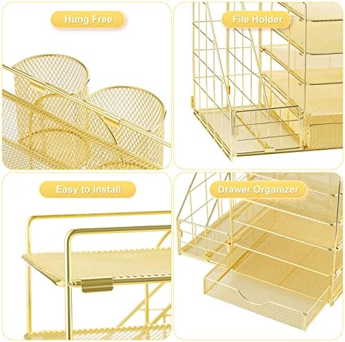 Marbrasse Desk Organizer with File Holder, 5-Tier Paper Letter Tray Organizer with Drawer and 2 Pen Holder, Mesh Desktop Organizer and Storage with Magazine Holder for Office Supplies (Gold 2p) - Image 4