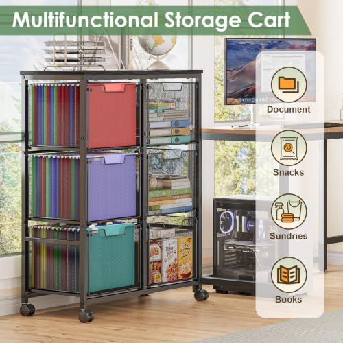 Sbanmao 6 Drawer Lateral File Cabinet with Wheels, Mobile File Cabinet & Printer Stand, Heavy Duty Wood Top for Large Printers, Under Desk Storage Cabinet Fits Letter Size Files for Home Office, Black - Image 4