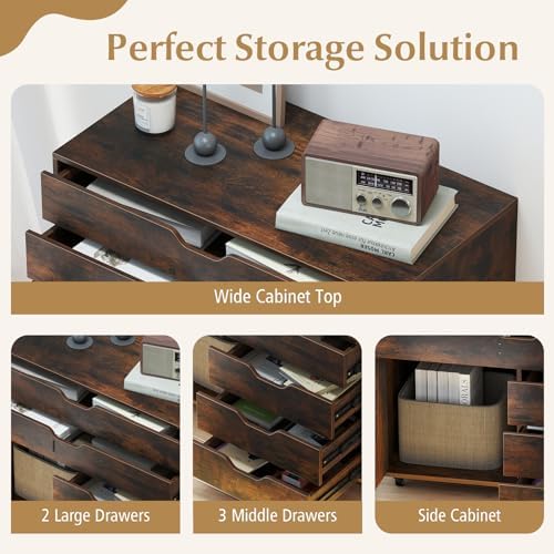 GOFLAME 5-Drawer Mobile File Cabinet, Rolling Lateral Filing Cabinet with Drawers and Storage Compartment, Modern Printer Stand with Wheels for Living Room, Study, Home Office, Rustic Brown - Image 5