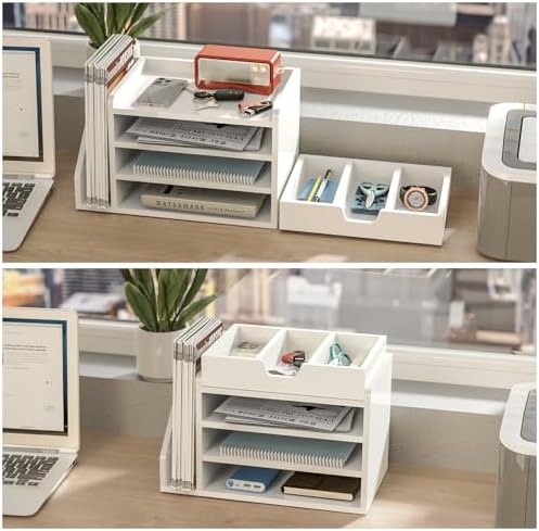 Multi-Tier Wood Desk File Organizer with Side File Rack, 3 Tray Shelves & Adjustable Drawer - Space-Efficient Design Easy to Assemble for Efficient Office Setup, Reduces Desk Clutter (White) - Image 2