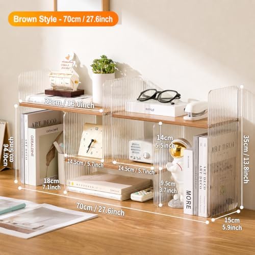 BYCY Expandable Desktop Shelf Organizer, Adjustable Wood Display Shelf with Acrylic Side Board, Office Storage Rack Desk Book Organizer for Home Decor, Office(Solid Brown) - Image 2