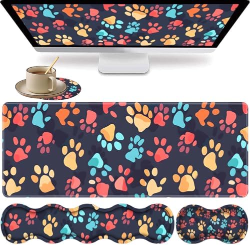 Large XXL Gaming Desk Mat 31.5"x 11.8", Ergonomic Keyboard Wrist Rest & Mouse Pad Wrist Rest + Coaster Set, Non-Slip Base, Memory Foam, Office and Home, Color Dog Paw Prints by FOKBVNFLL