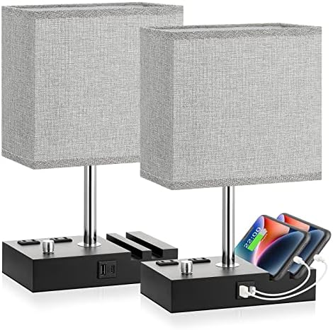 Kakanuo Grey Bedside Table Lamps Set of 2 - Dimmable, USB C+A, 2 AC Outlets by KakanuoLightings