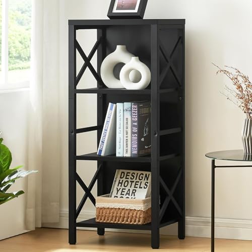 MNEETRUNG Small Bookshelf,4 Tier Industrial Bookcase with Metal Frame and Backboard,Narrow Black Book Shelf,Office Book case for Small Spaces,Living Room,Bedroom and Home Office by MNEETRUNG