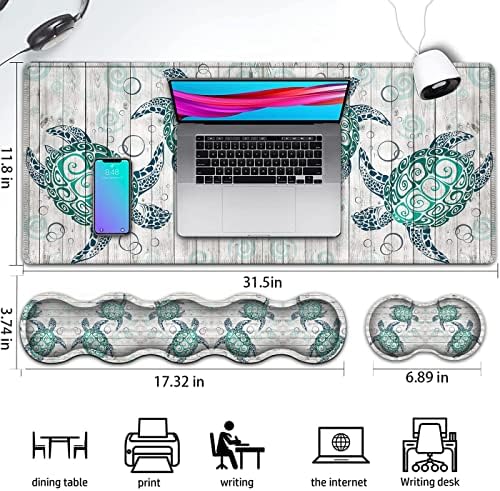 Gaming Mouse Pad and Keyboard Wrist Rest, Large Extended Mouse Pad 31.5X 11.8,Ergonomic Memory Foam Wrist Rest Support+Desk Mat Protector,for Office/Home Writing Pad,Cute Sea Turtle White Mousepad - Image 2
