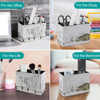 PU Leather Multi-Compartment Pen Holder Desktop Organizer Pencil Cup Storage Caddy for Office Home Supplies Winter Snow Covered The Forest, Wooden Houses in The Woods - Image 4