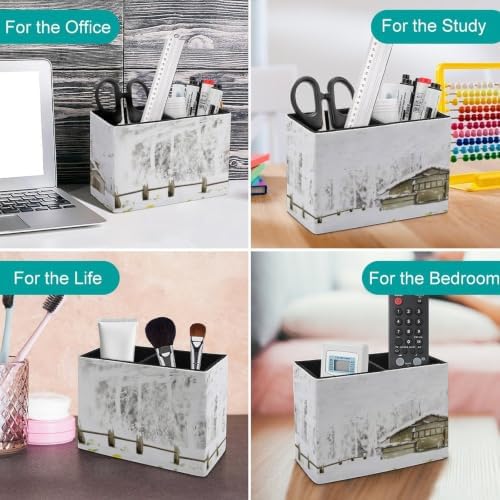 PU Leather Multi-Compartment Pen Holder Desktop Organizer Pencil Cup Storage Caddy for Office Home Supplies Winter Snow Covered The Forest, Wooden Houses in The Woods - Image 4