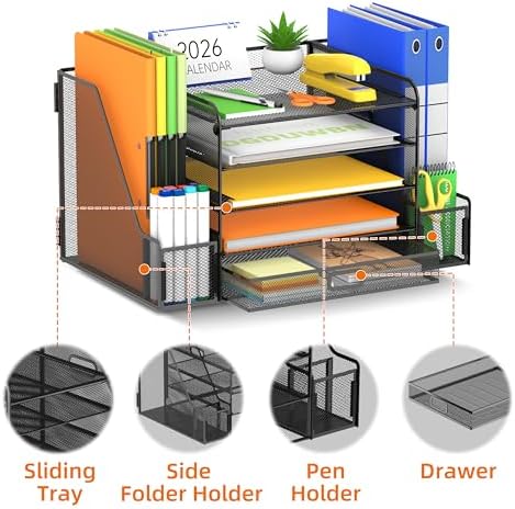 SUPEASY Mesh Desk Organizer with File Holder, 5-Tier Paper Letter Tray Organizer with Magazine Holder, Desktop Organizer and Storage with Drawer for Office Supplies Home or School (Black) - Image 3