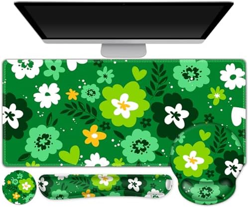 AIMSA Keyboard Mouse Pad Wrist Rest Set, Large Gaming Mouse Desk Pad with Wrist Support Ergonomic Design, 4 in 1 Mousepad for Home Office, Green Flowers by AIMSA