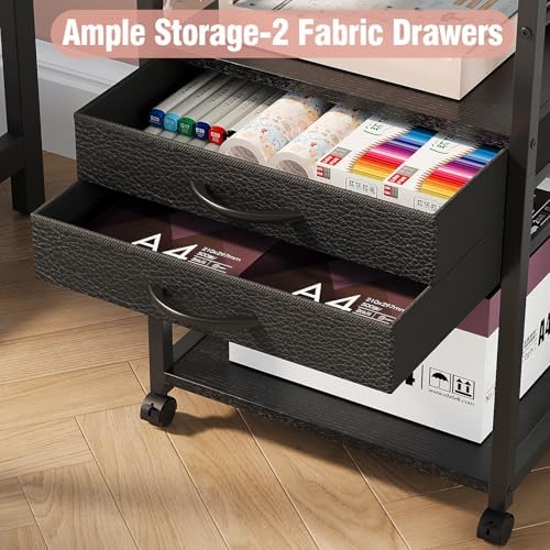 VENNQD Large Printer Stand with Storage Fabric Drawer Under Desk Printer Table with Wheels for Home Office, Printer Cart fit Fax Machine Scanner (Black, 3 Tiers) - Image 3