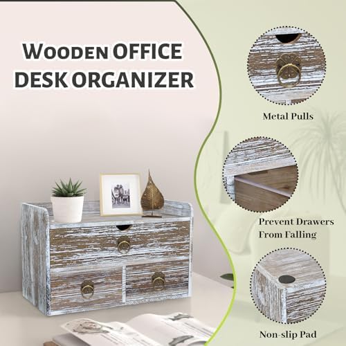 Wood Desk Organizer with Drawer, Washed Brown Wooden Desktop Organizer, Tabletop Storage Organization Box for Countertop, Home Office Supplies (3 Drawer and Shelf) - Image 5