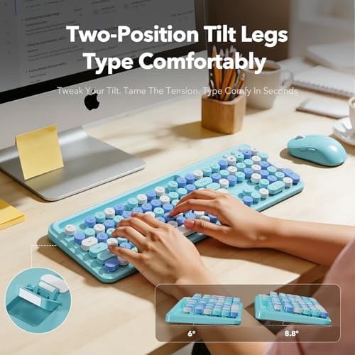 Wireless Keyboard and Mouse Combo, Retro Round Keycaps, Full-Size Cute Typewriter Keyboard with Large Phone/Tablet Holder, Auto-Sleep, 2.4GHz Cordless for Windows/PC/Laptop, Trueque CK13 (Sky Blue) - Image 4