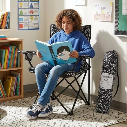 2-Pack Classroom Folding Chairs with Armrests and Cup Holders, Pencil and Notebook Designs, School-Themed Flexible Seating, Portable Reading Corner Chairs for School, Library and Study Room - Image 2