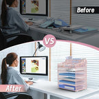 6 Tier Mesh Paper Desk Organizer with Pen Holders, Pink - Image 3