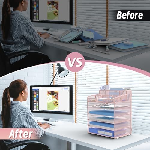 6 Tier Mesh Paper Desk Organizer with Pen Holders, Pink - Image 3