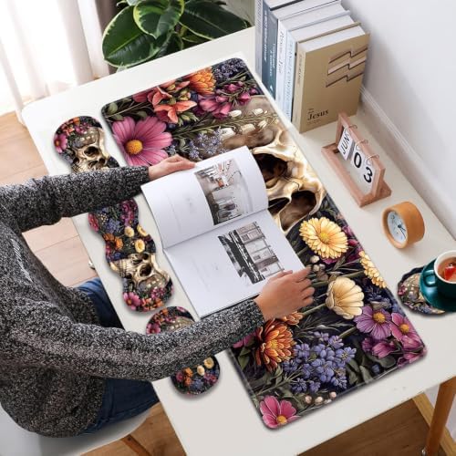 31.5"x 11.8" Oversized Gaming Mouse Pad Set, Ergonomic Keyboard and Mouse Wrist Rest + Cup Holder, Non-Slip Desktop Pad, Suitable for Home and Office Use, Vintage Skull - Image 6