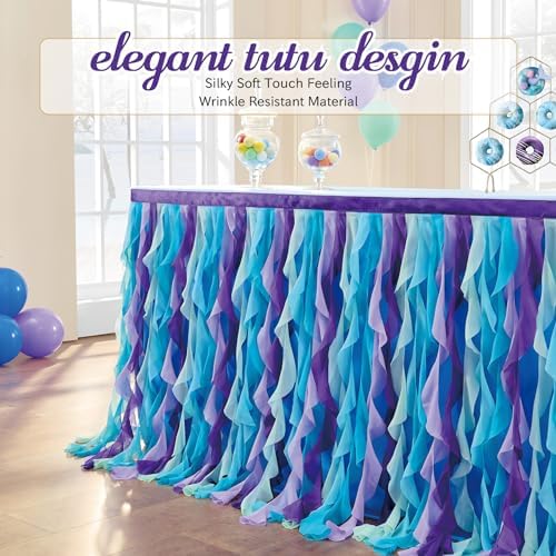 leegleri 14FT/168inch Mermaid Curly Willow Tulle Ruffle Table Skirt Rectangle Tables or Round Tables, Blue Tutu Table Skirt for Baby Shower Baby Shark Birthday Party - Image 2