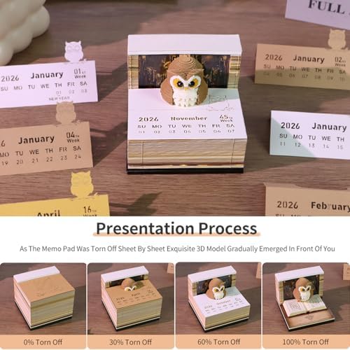 3D Calendar 2026 Paper Art Memo Pad,Tear-Away 3D Desk Time Piece Calendar DIY Note for Record, Bookmark, Gift & Office Decor (Owl) - Image 5