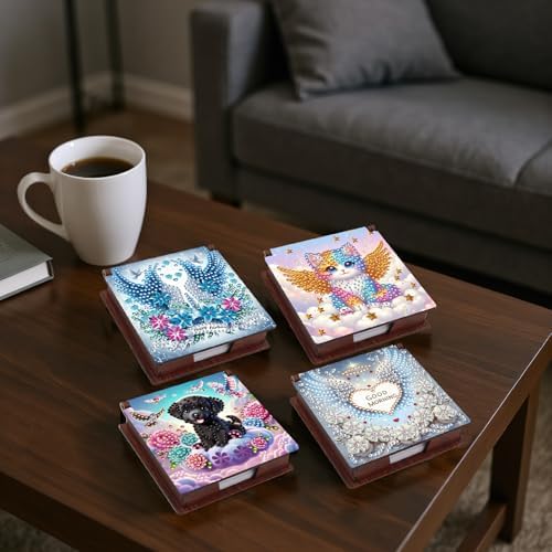 4pcs Animal Angel Diamond Art Painting Note Box for Adults, Wooden DIY Sticky Notes Holder Kit with 640 Blank Notepads, Multi-Purpose Desk Organizer for Home Office, Study Thoughtful Gift - Image 3