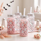 Meanplan Halloween Plastic Cups with Lids and Straws 14 oz Pink Ghost - Image 2