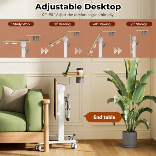 28" Mobile Standing Desk, Tiltable Top with 2-Tier Shelves, Maple - Image 4