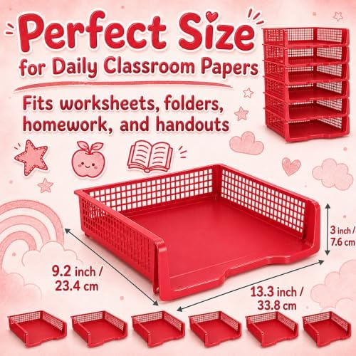 6 Pcs Red Turn in Trays Classroom, Stackable Paper Bins for Classroom, 13x9x2.8 inch Plastic Baskets Desktop Organization System Office (Red) - Image 2