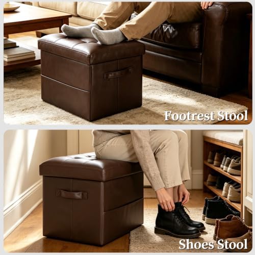 Ottoman with Storage, Folding Leather Foot Stools Ottoman for Dorm, Brown - Image 6