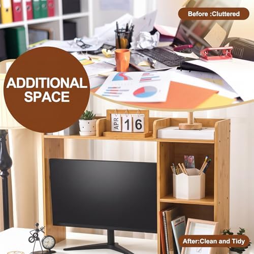 Briwooody Dorm Desk Bookshelf Desk Hutch Organizer with 5 Shelves and 3 Tier Desktop Hutch Storage Organizer for College Dorm Home Office Supply, 32.5 x 23.5 x 8 Inch(Bamboo and Wood) - Image 6